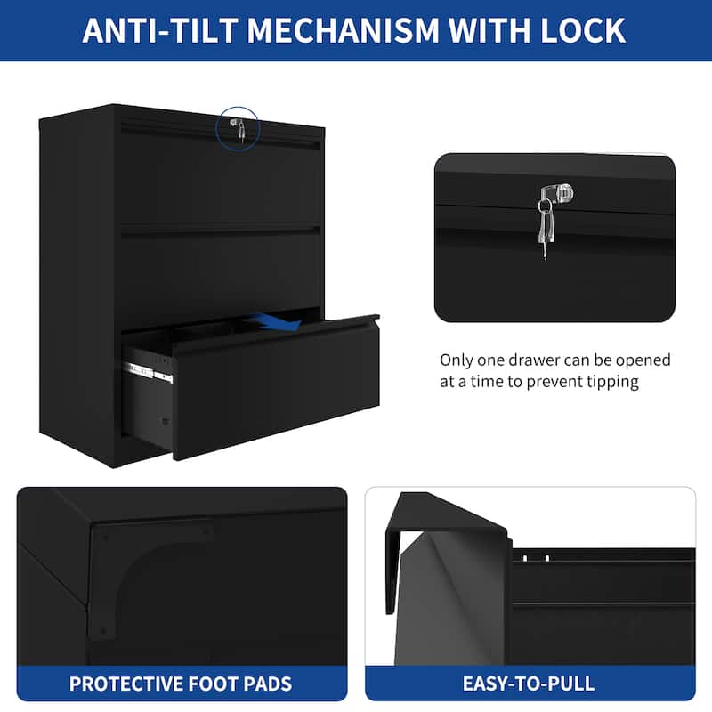 35"W 2/3/4-drawer Lateral Locking Steel File Cabinet for A4, Legal, Letter