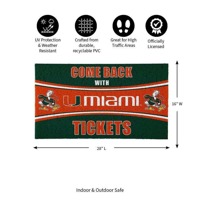 University of Miami 28 in. x 16 in. PVC "Come Back With Tickets" Trapper Door Mat