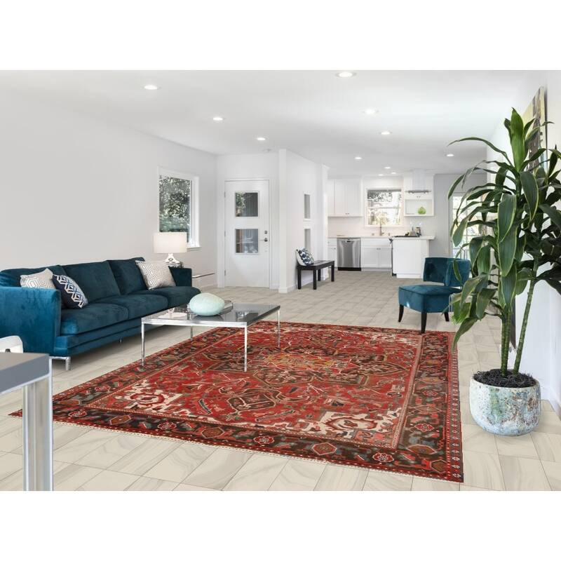 Hand Knotted Oriental 100% Wool Carpet Traditional Floral Red Heriz Area Rug - 9' 7'' X 7' 2''