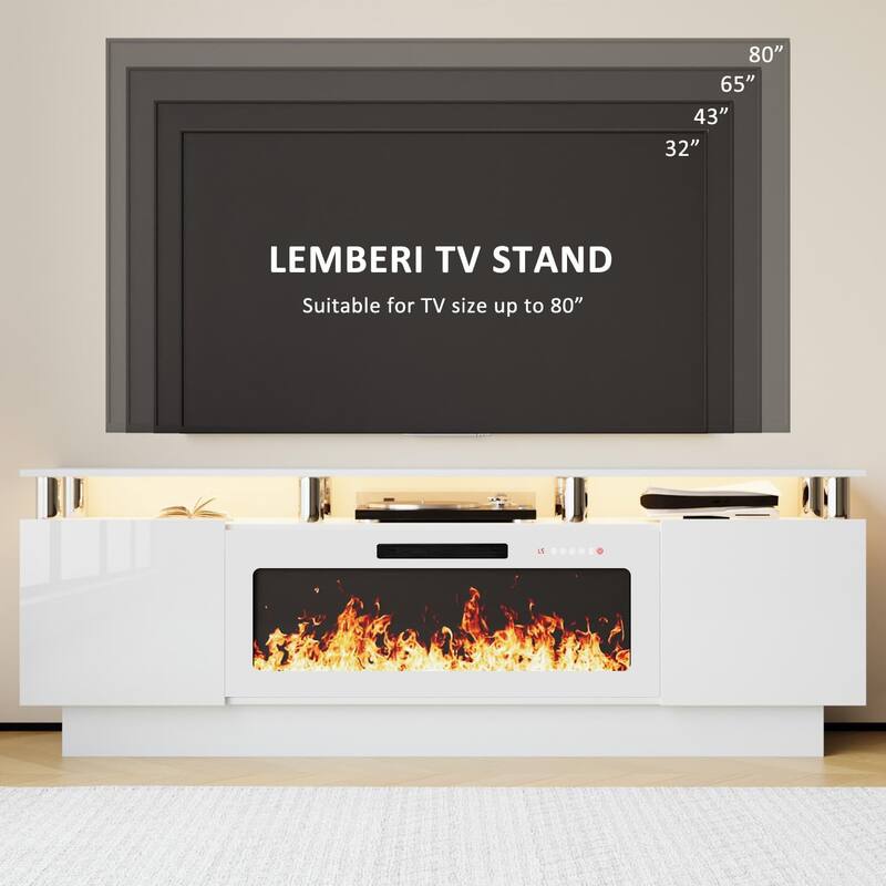 BOSSIN 70" Modern Electric Fireplace TV Stand, with Electronic Flame and LED Lights, High Gloss Finish Entertainment Center