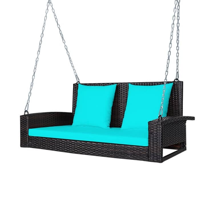 2-Person Wicker Hanging Porch Swing with 2 Back Cushions and 1 Seat Cushion - 50" x 22" x 20.5" (L x W x H)