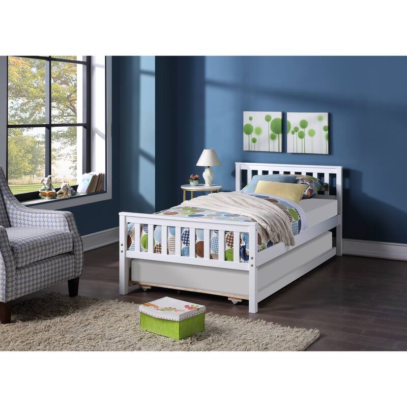 Twin Size Platform Bed Frame with Trundle Bed, Headboard and Footboard, Wooden Slat Support