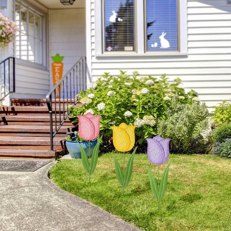 Glitzhome 24"H Easter Metal Tulips Yard Stakes Garden Decor(Set of 3) - 24"