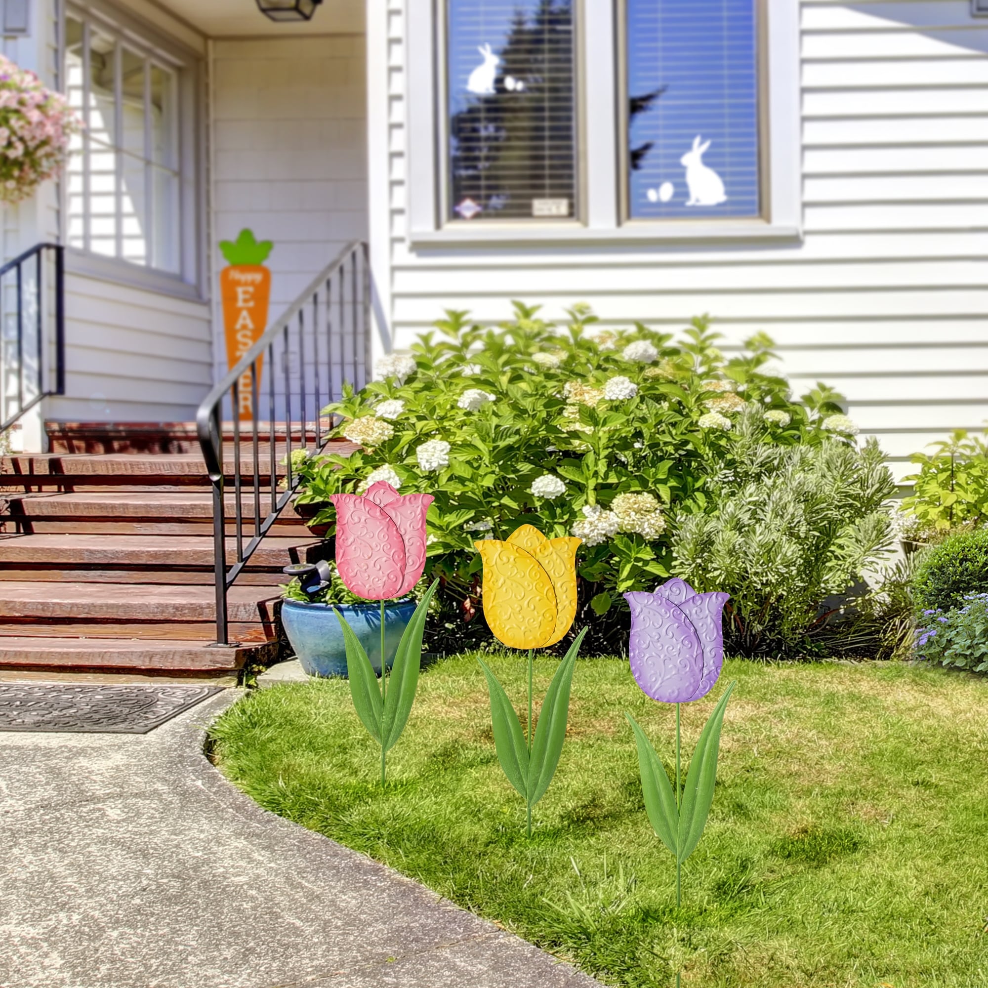 Glitzhome 24"H Easter Metal Tulips Yard Stakes Garden Decor(Set of 3) - 24"