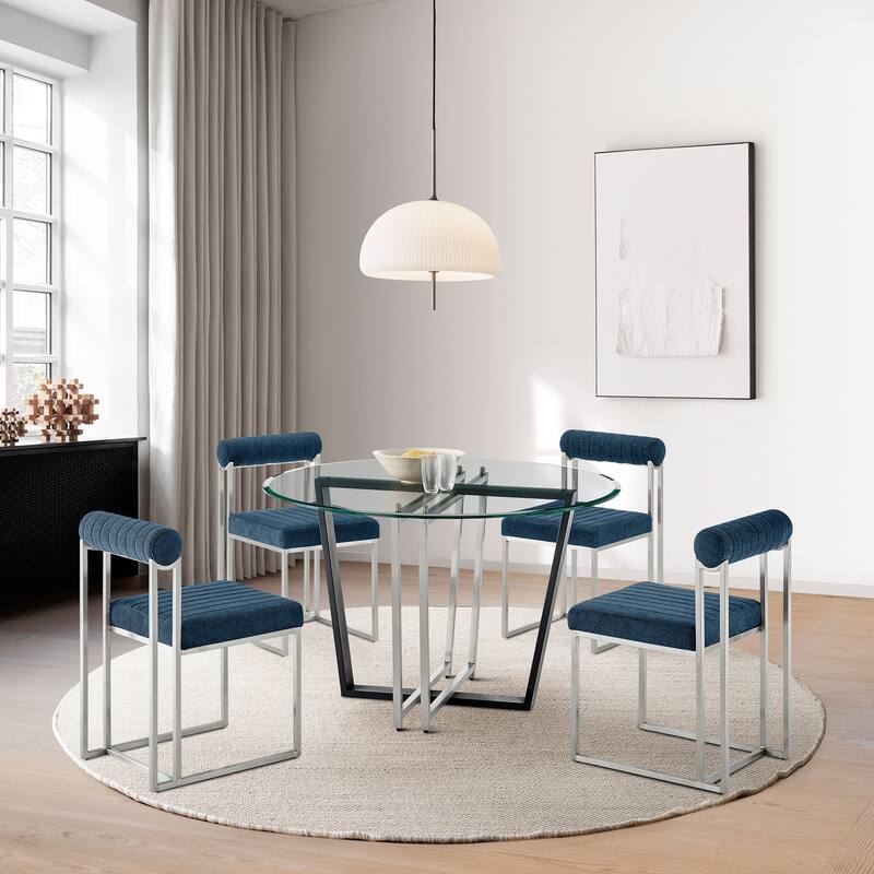 Devi Anastasia 5 Piece Round Glass Dining Table Set with Metal Frame and Upholstered Chairs - Blue
