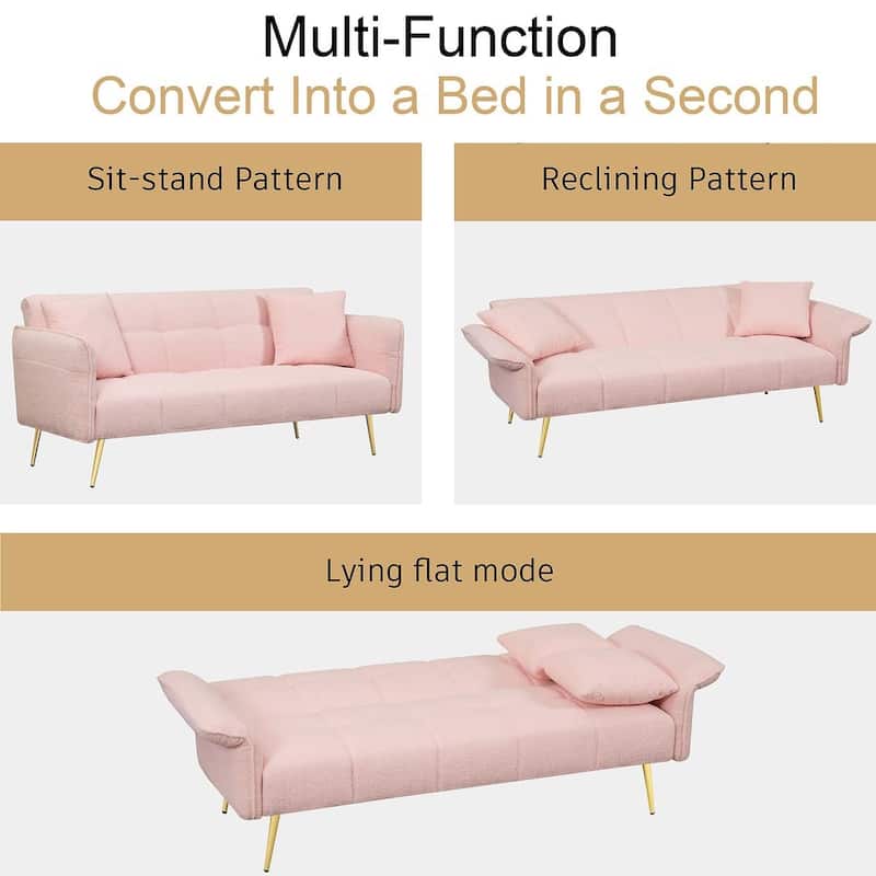 Futon Sofa Bed, Teddy Velvet Foldable Couch Convertible Loveseat Sleeper Daybed with Adjustable Armrests for Small Space