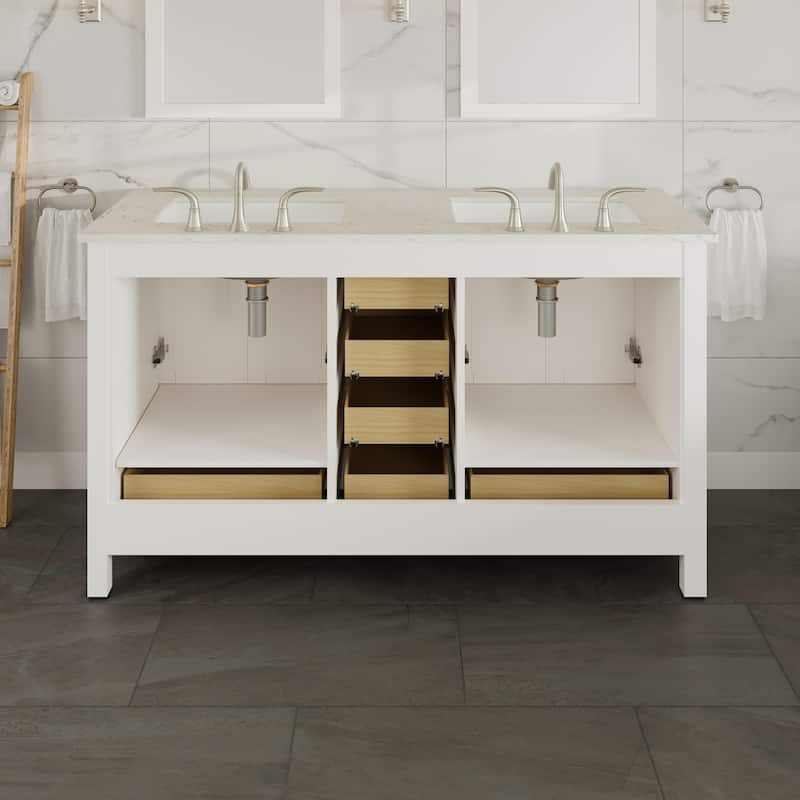 Eviva Aberdeen 60"W DS Bath Vanity with Carrara Quartz Top