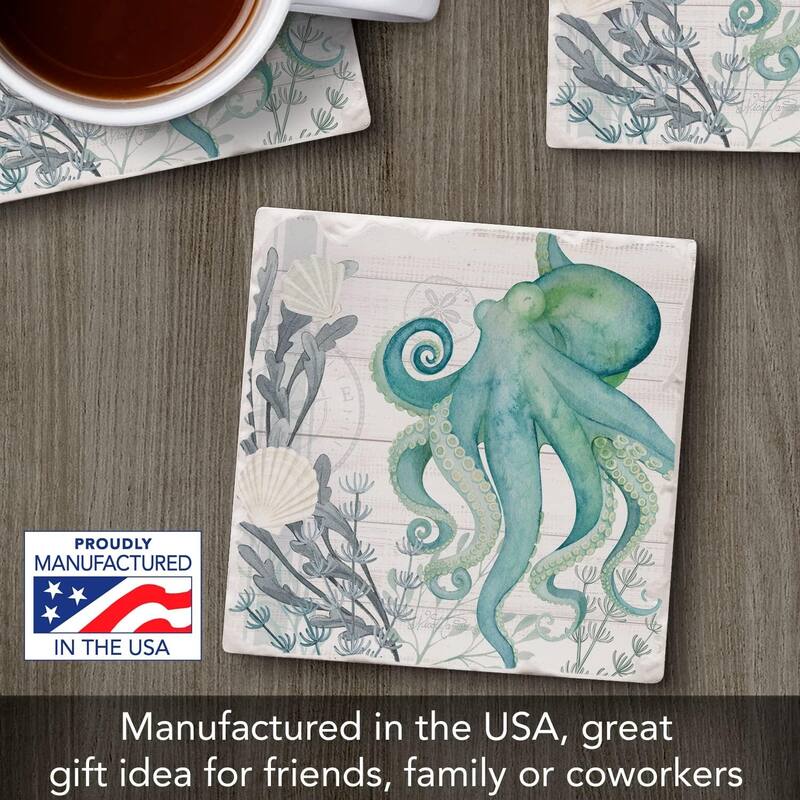 Absorbent Stone Tumbled Tile Coasters, Beach Therapy Octopus, Set of 4