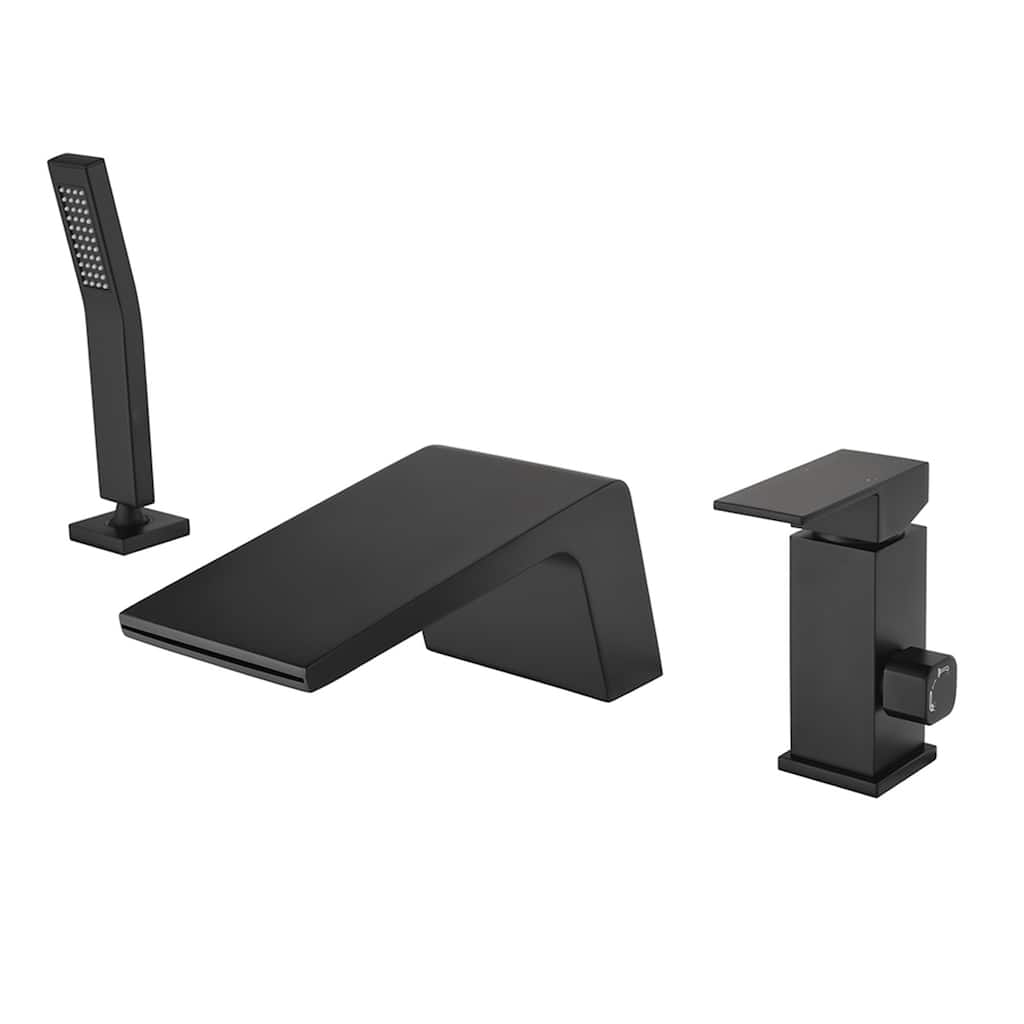 Waterfall Deck Mount Tub Faucet with Hand Shower Brass 3 Holes Modern Matte Black Tub Filler with Valve