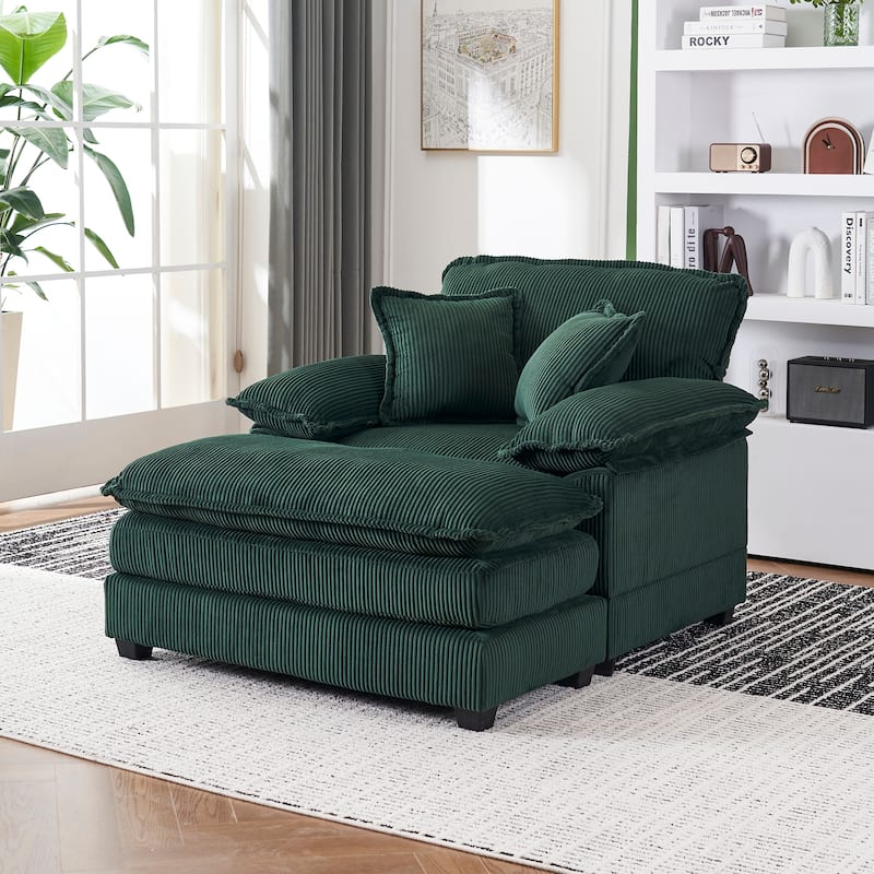 56.3 Inch Corduroy Single Deep Seat Sofa Chair With 2 Toss Pillows and a Ottoman - Green