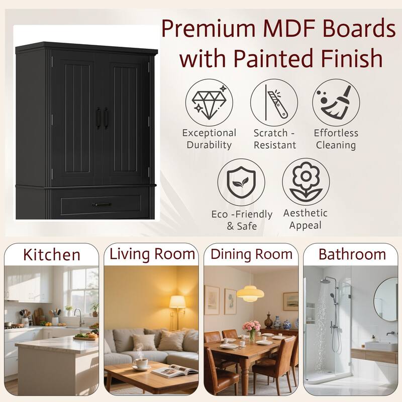 Storage Cabinet with Adjustable Shelf, 2 Drawers with Slide Rails, Wood Bathroom Cabinet with Multi-Functional Storage Space