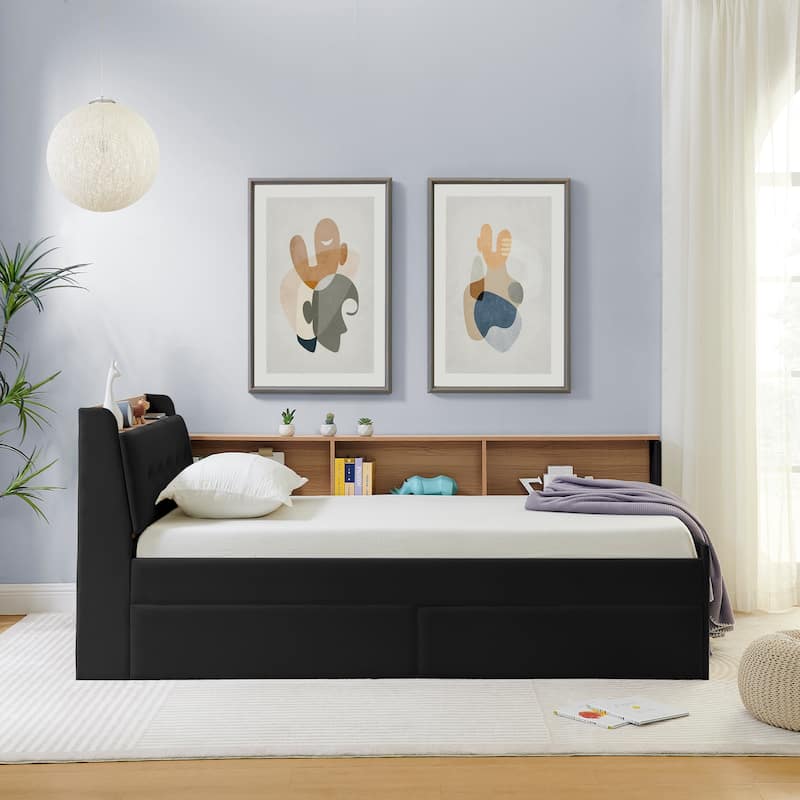 Roomfitters Twin Daybed with Storage Headboard, Wireless Charging, Drawers & Lighting, Velvet Upholstery
