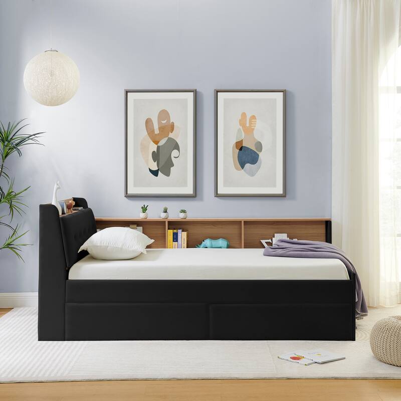 Twin Size Velvet Daybed with Wireless Charging, Button Tufted Headboard with Storage, LED Platform Sofa Bed with 2 Drawers - Black - Twin