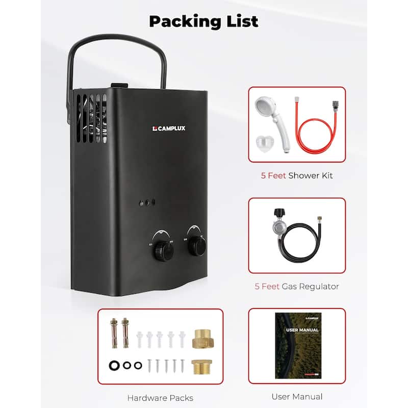 CAMPLUX 1.32 GPM Outdoor Portable Propane Tankless Water Heater, Black