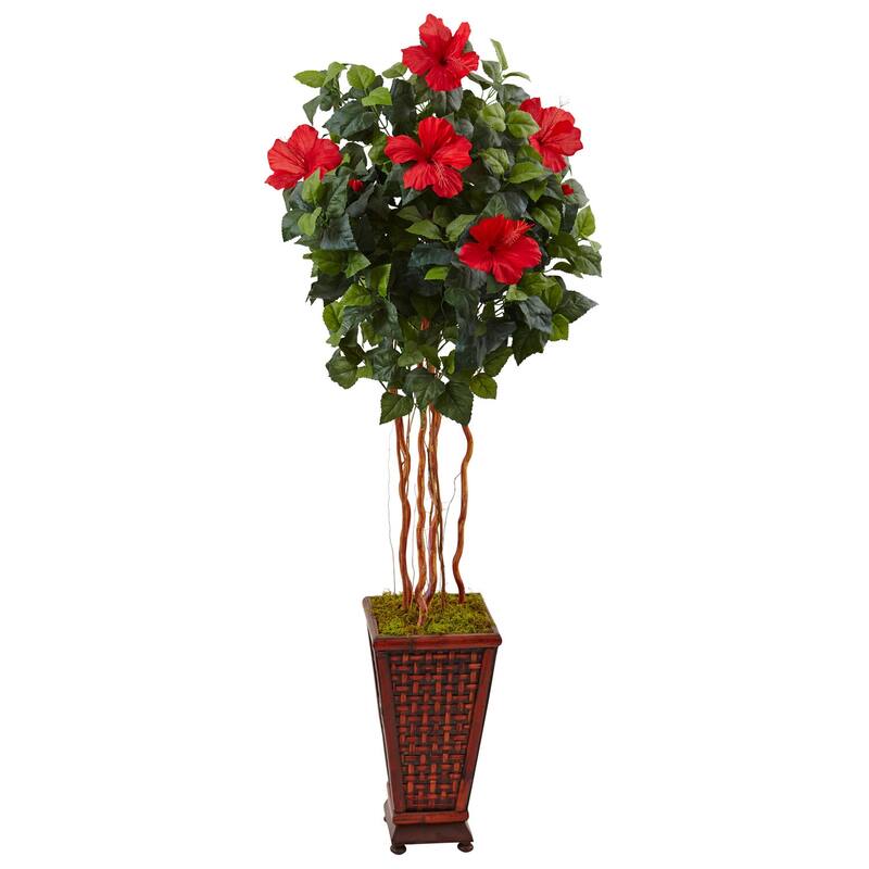Artificial Hibiscus Tree 5ft, Red Bloom Topiary with Wooden Planter, Indoor Decor - Green - 41-50 Inches