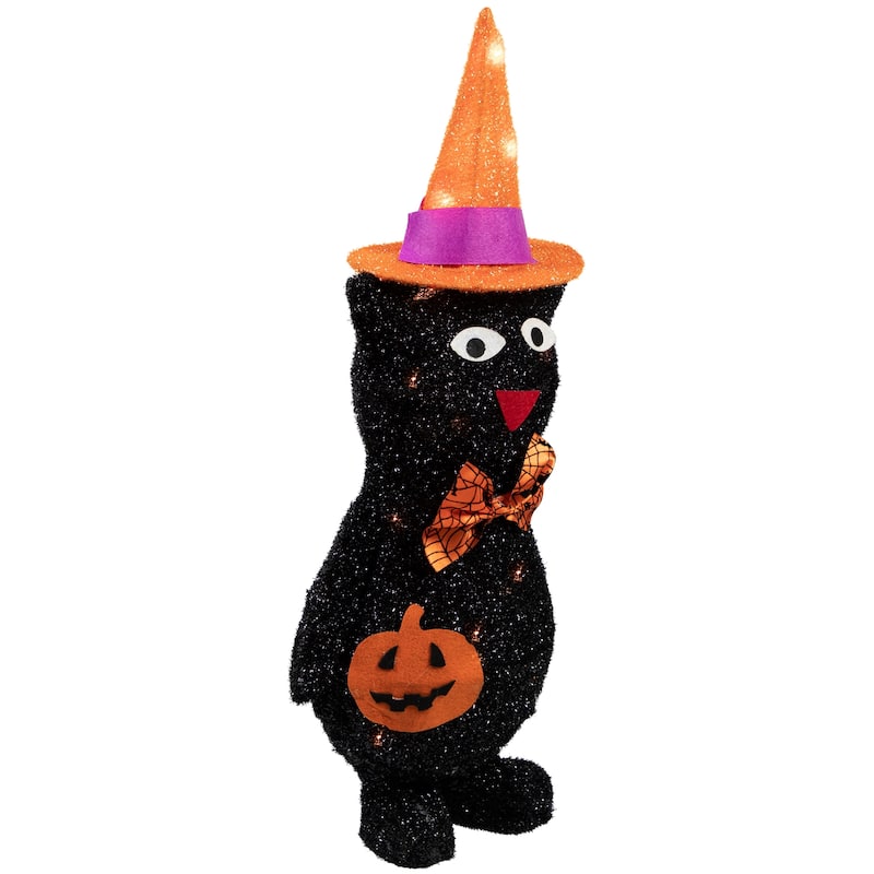 24" Lighted Black Cat in Witch's Hat Halloween Yard Decoration
