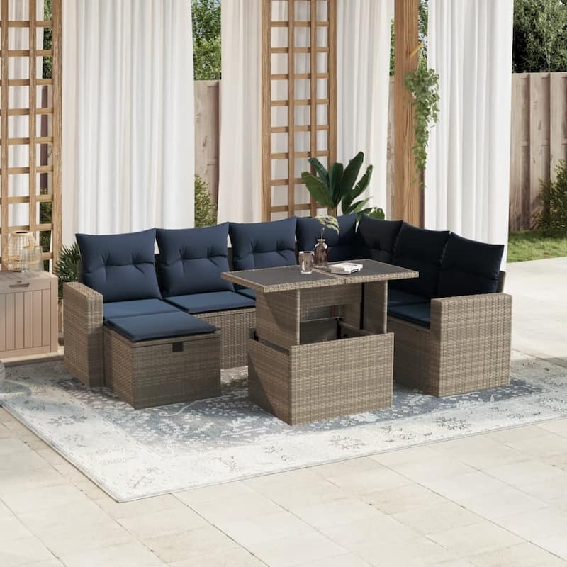 vidaXL Patio Sofa Set with Cushions and Table Outdoor Garden 8 Piece Poly Rattan - 24.4" x 24.4" x 27.2" - Gray