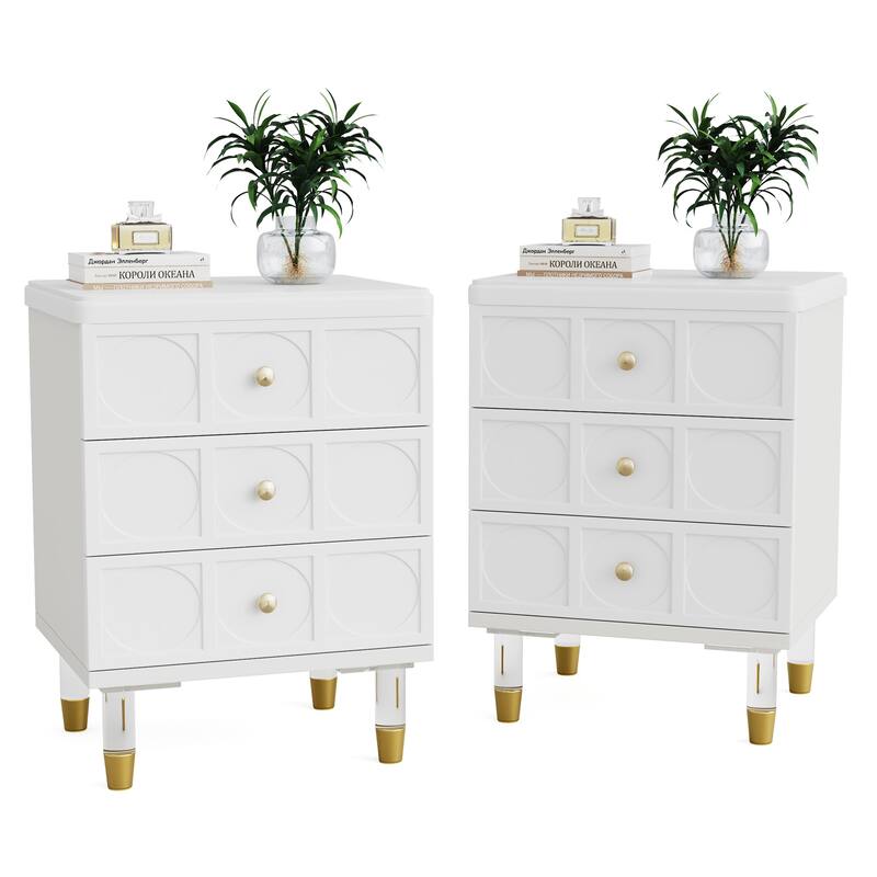 Nightstand Bedside Table with 3 Drawers, Bedroom Tall Night Stands Sofa End Table with Storage for Bedroom, Living Room - White-2