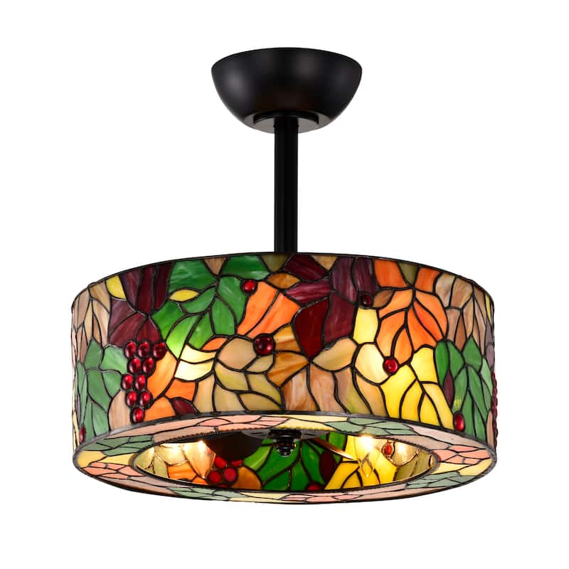Ralfa 6-light Tiffany Glass Fandelier Lighted Ceiling Fan Floral and Berries Design Remote Control - Multi-Color