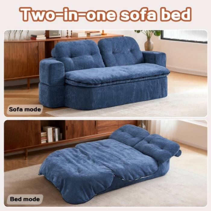 Modern Convertible Floor Sofa Bed with Corduroy Cushion, 2 Pillows & No Assembly - Dark Blue + Chenille