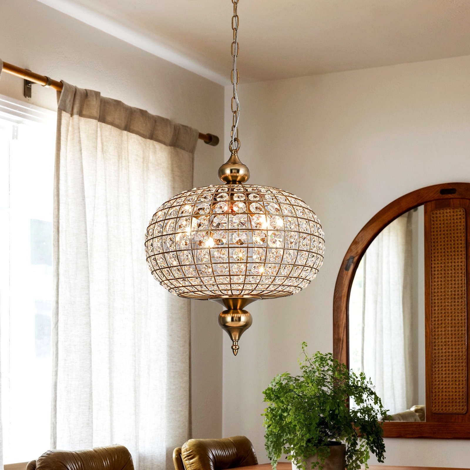 Retro French 4/5-Light Antique Brass Globe Crystal Chandelier Kitchen Island Pendant