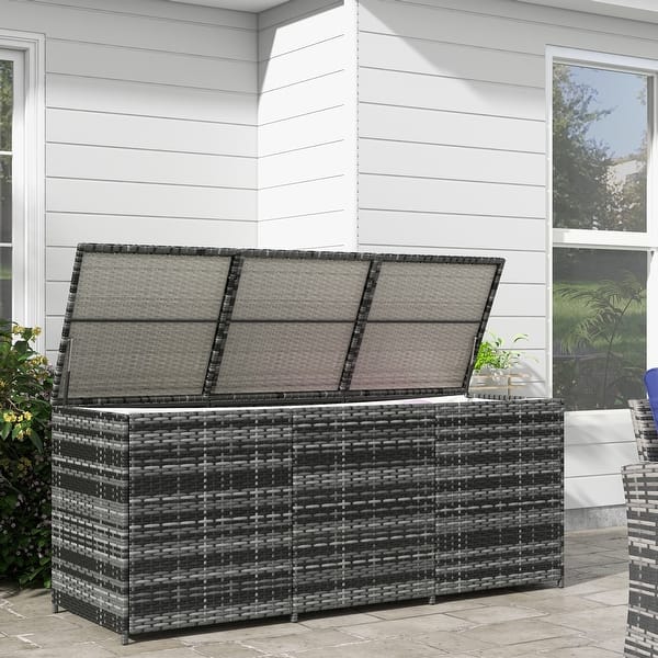 slide 2 of 16, Outsunny Outdoor Storage Box with Inner Liner, PE Rattan Wicker Deck Box with Pneumatic Bar Lift Grey