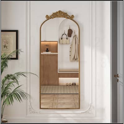 58"x24" Arched Mirror with Vintage Ornate Carved Applique on Top