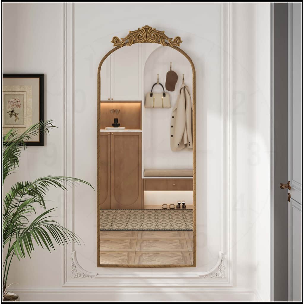 58"x24" Arched Mirror with Vintage Ornate Carved Applique on Top