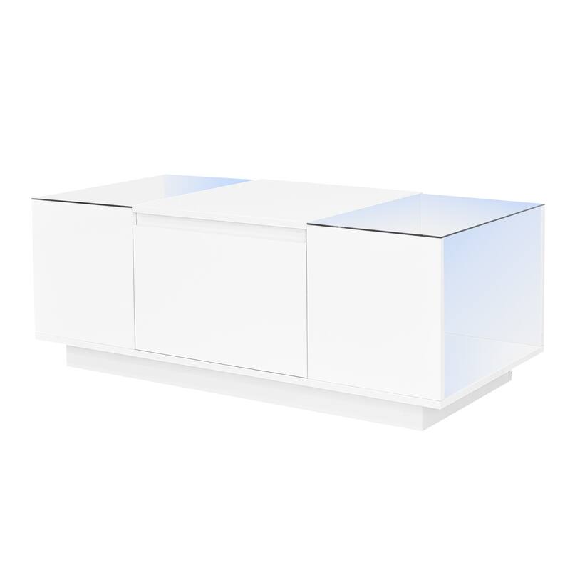 Modern Center Table with High-Gloss Finish and Glass Tabletop, Coffee Table with Open Storage Compartment and 2 Hidden Drawers