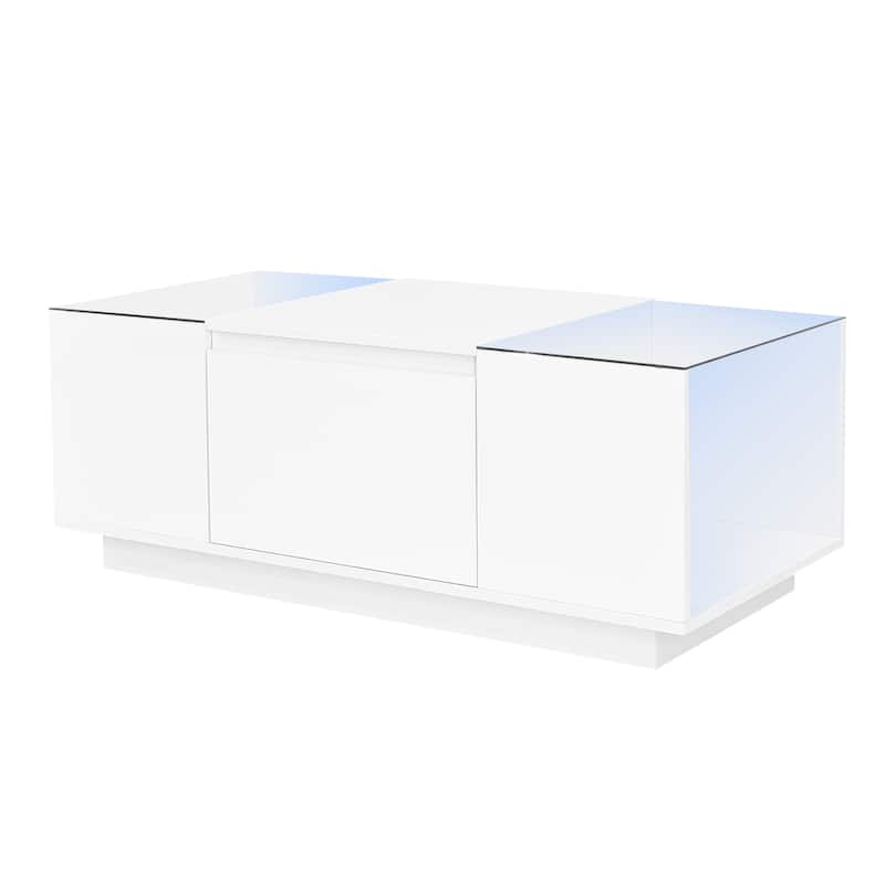 Modern LED Coffee Table with High-Gloss Finish, Tempered Glass Top, and Hidden Storage – Open Compartment & 2 Concealed Drawers