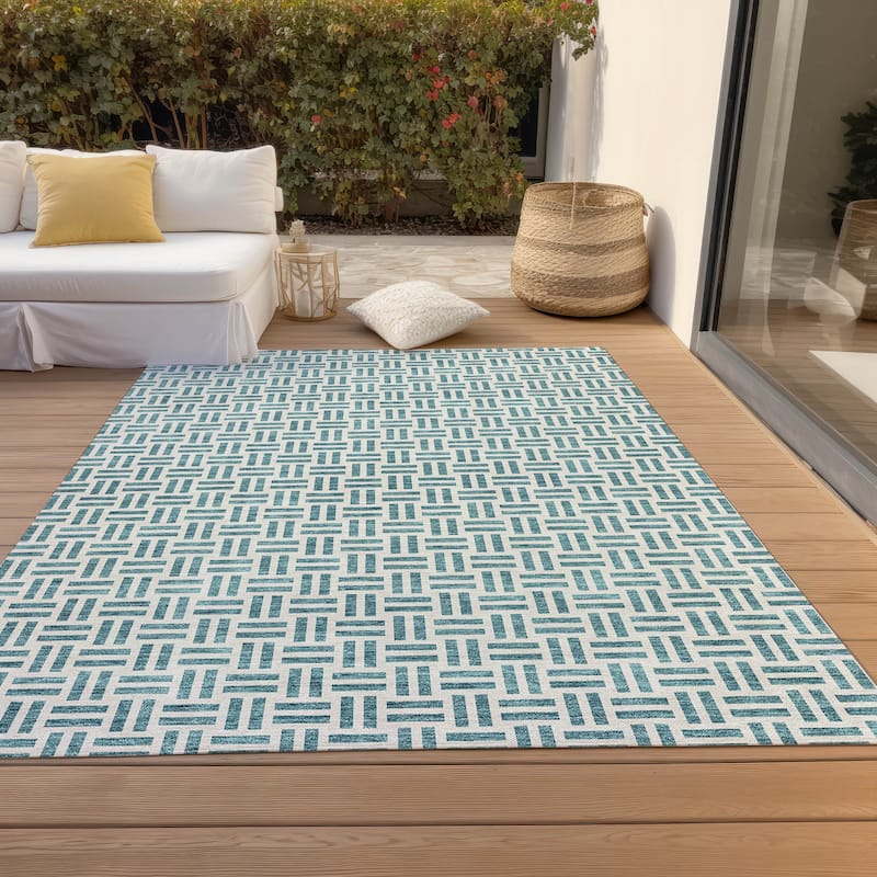 Machine Washable Indoor/ Outdoor Contemporary Basketweave Chantille Rug - Teal - 3' x 5'