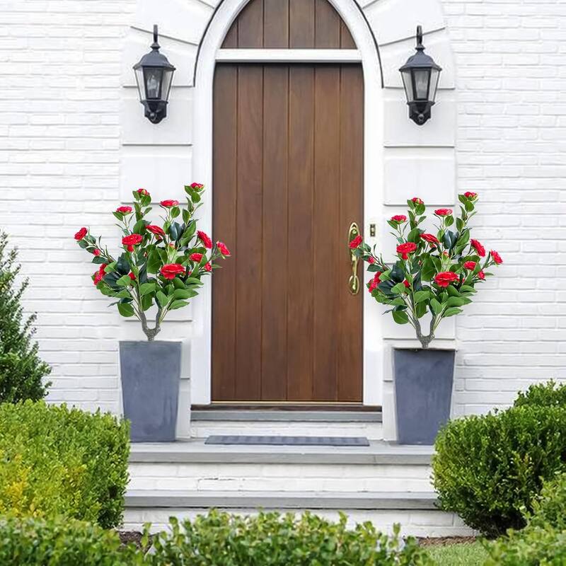 35.4" Artificial Topiary Flower with Ground Spike Set of 4,PE Fake Plants with Metal Stakes