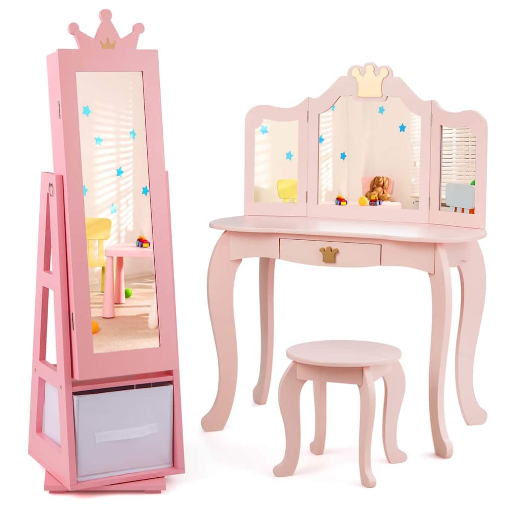 Gymax Kids Vanity Set Princess Makeup Dressing Table & Chair Set w/
