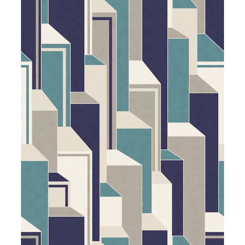 Hartford, Deco Geometric 33' L X 20.5" W, Art Deco Wallpaper Roll - Perry Teal & Indigo