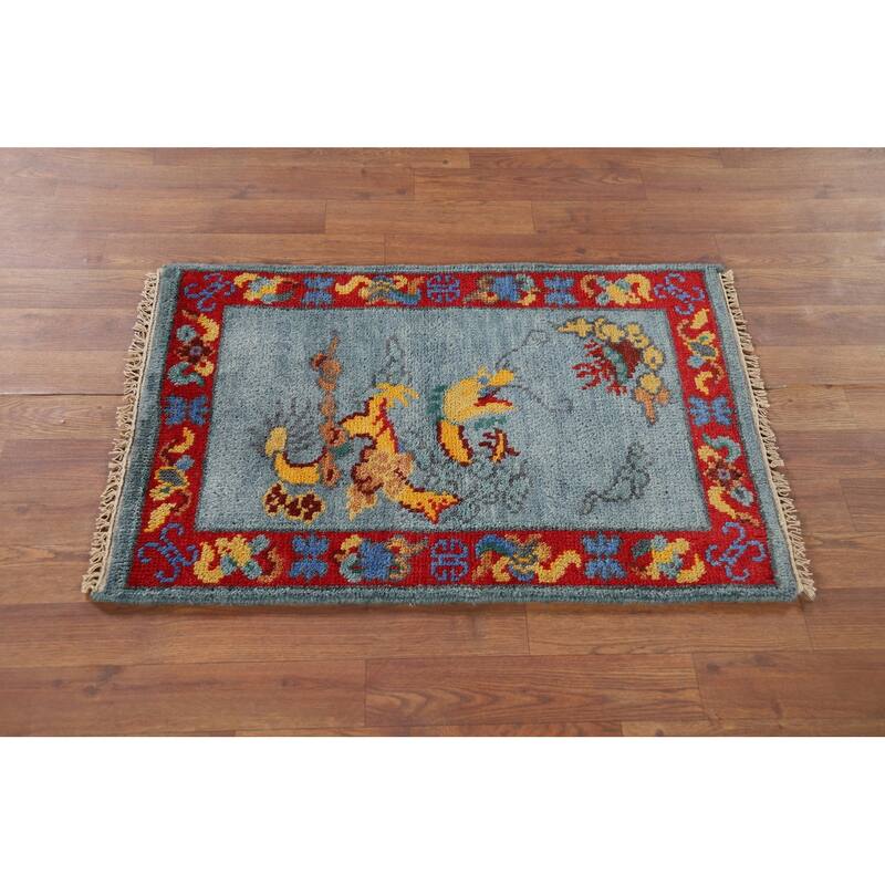 Hand Knotted Oriental 100% Wool Carpet Traditional Bordered Navy Blue & Blues Art Deco Area Rug - 3' 0'' X 2' 0''