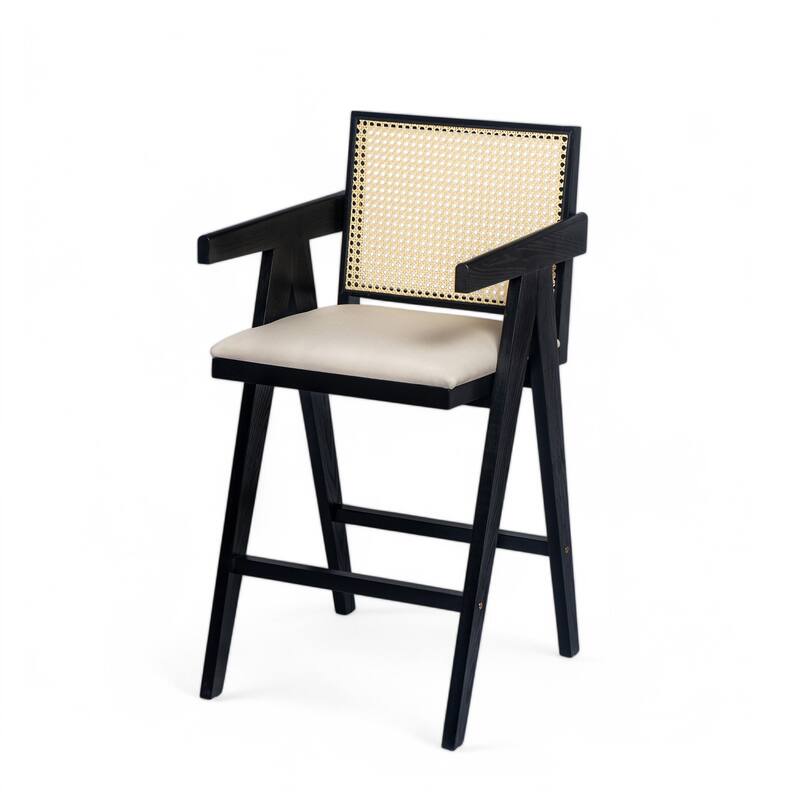 27" Height, Cream Grey Woven Cane Plastic Backrest Bar Stool - Foam-Padded Fabric Seat & Durable Rubberwood Frame