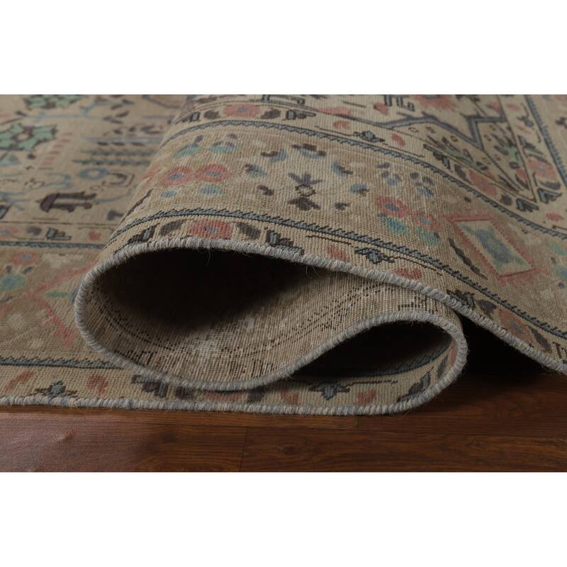 Beige Tabriz Persian Vintage Area Rug Hand-Knotted Wool Carpet - 6'6" x 9'9"