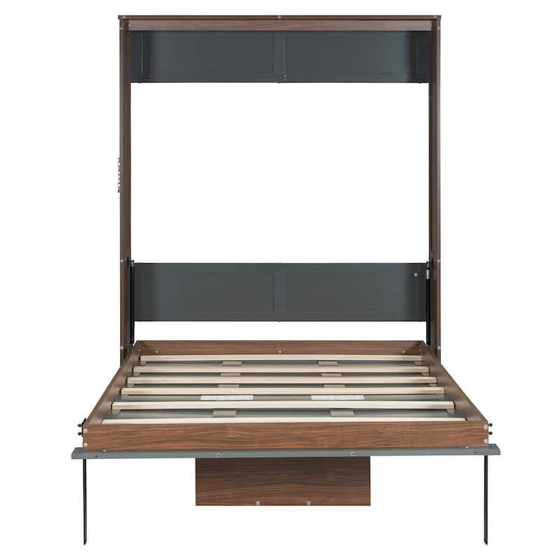 Full Size Murphy Bed Hidden Wall Cabinet Bed with Foldable Desk, Wooden Foldable Vertical Cabinet Bed Frame