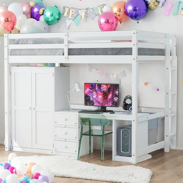 slide 2 of 18, Full Size Loft Bed with Wardrobe,Desk and Storage Drawers White