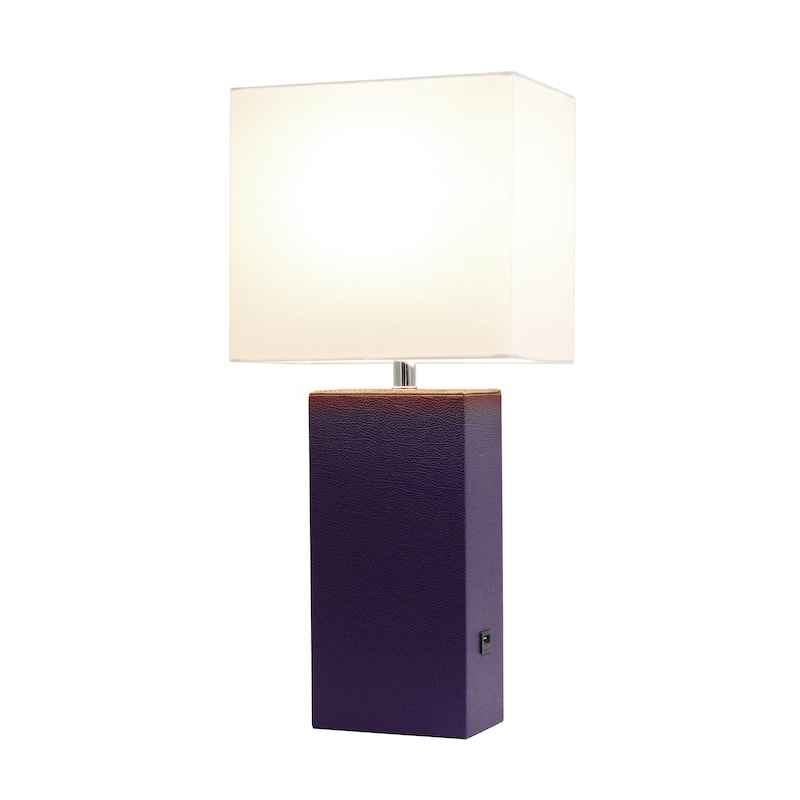 Modern Leather Table Lamp with USB and White Fabric Shade