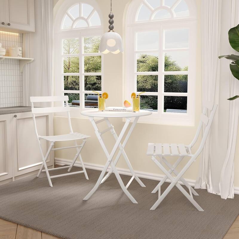3 Pieces Patio Foldable Round Table and 2 Chairs - White