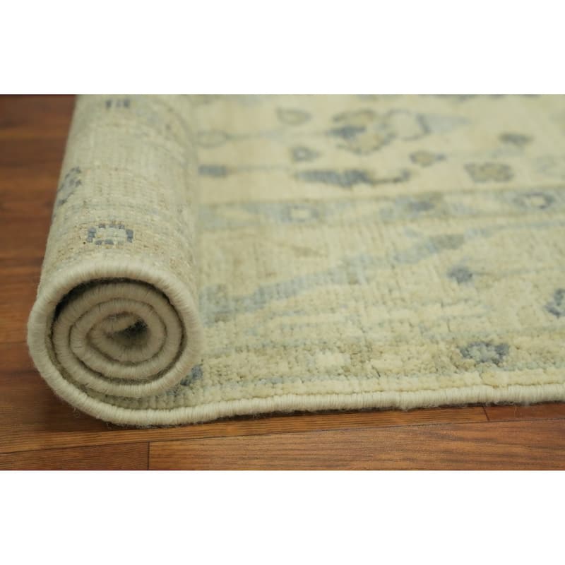 Earth Tone Wool Oushak Vegetable Dye Runner Rug, Floral Geometric Carpet - 9' 8'' X 2' 11''