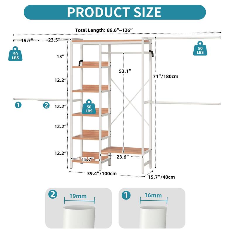 Wall-Mounted Clothing Storage Rack Multi-Functional Closet Organizer System with Adjustable Rods and Shelves