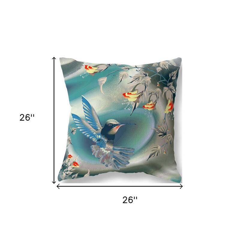 HomeRoots 26" X 26" Blue and Gray Bird Blown Seam Floral Indoor Outdoor Throw Pillow - 26.00' X '26.00' X '5.00