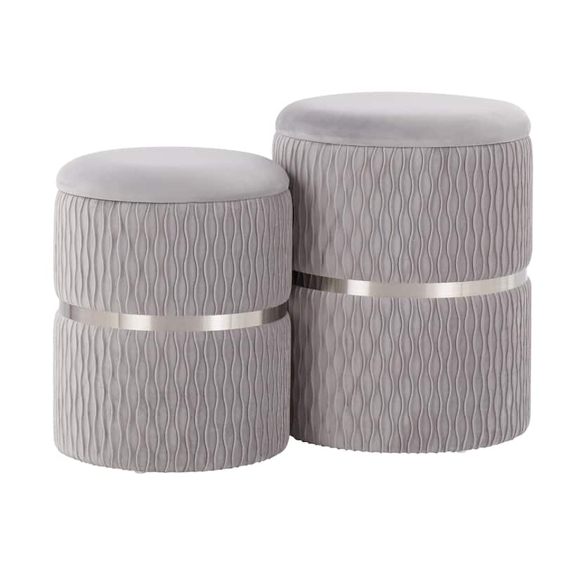 Lena Nesting Ottoman Set - Silver Velvet & Chrome Steel