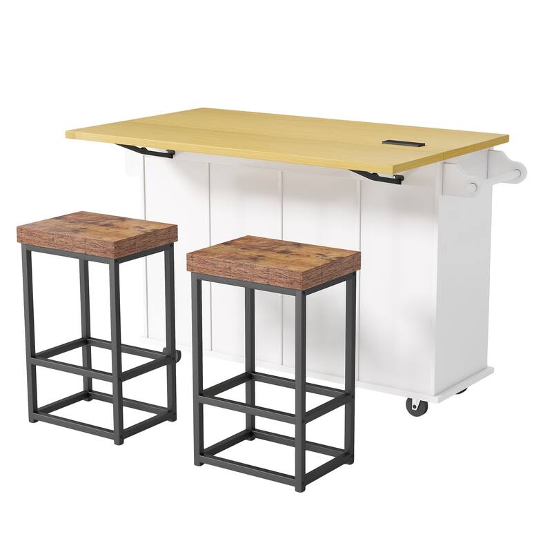 Farmhouse Kitchen Island on Wheels with Drop Leaf, 2 Seating & Power Outlet