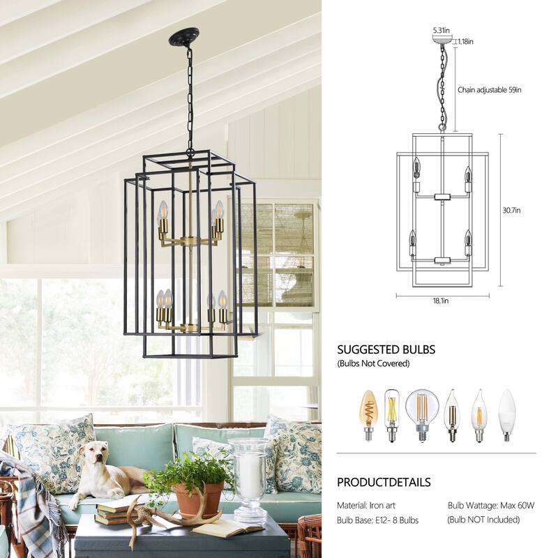 8-Lights Lantern Tiered Pendant Light Fixtures, Industrial Farmhouse Hanging Chandelier