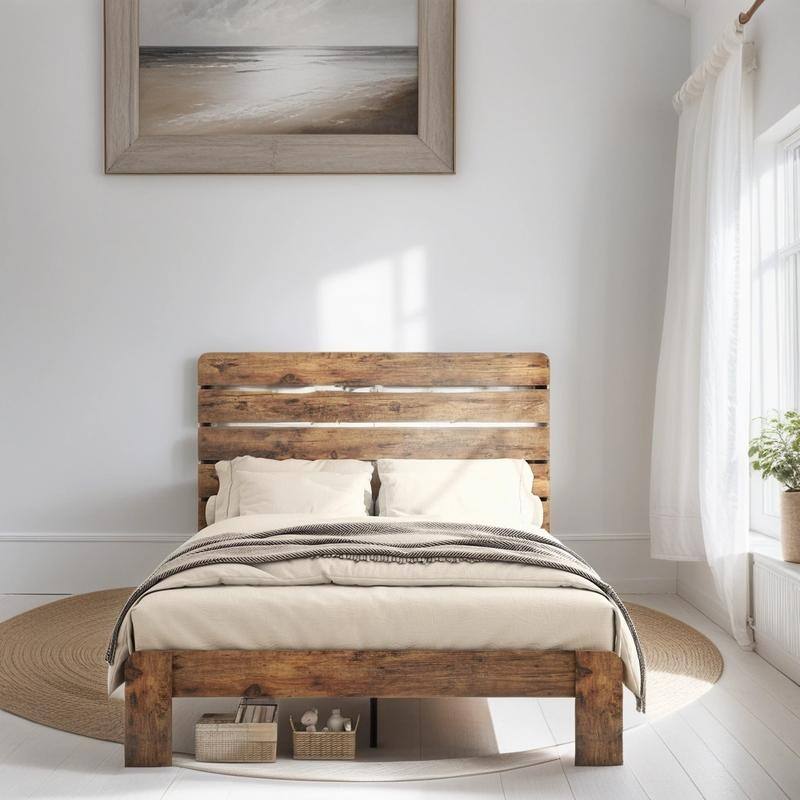 King Size Industrial Style Wood Platform Bed Frame,Large Storage Bed