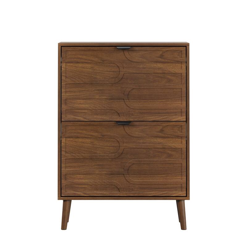 Anmytek Walnut Flip Down Shoe Cabinet Modern 2 Tier Entryway Storage for Sneakers and Boots