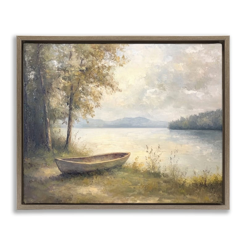Stupell Boat at Lake's Edge Framed Floater Canvas Wall Art Design By Petal Prints Design - 21 x 17 - Brown